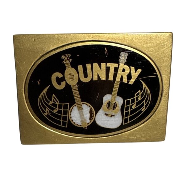 Country Music Belt Buckle Solid Brass With Guitar Banjo Music Notes 3 x 2" - Picture 1 of 6